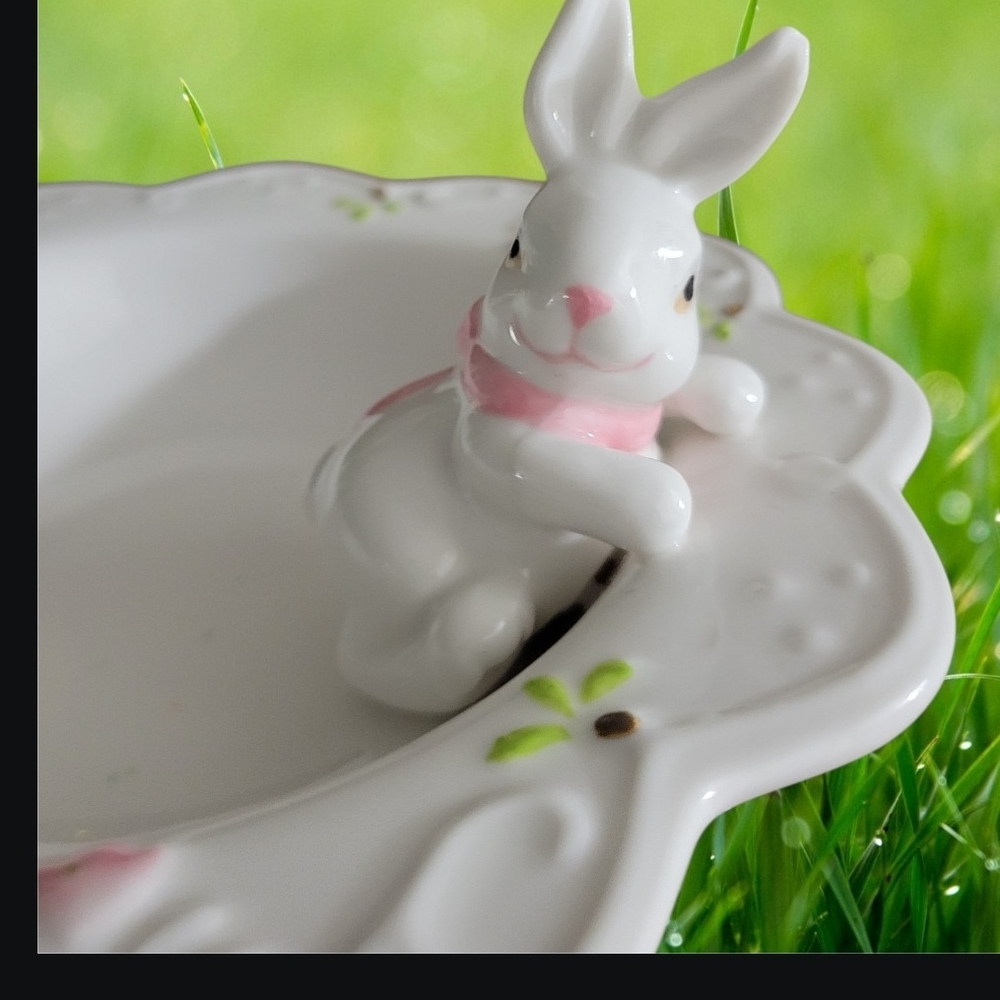 Porcelain Bunny Trinket Dish Colored Accents With Glitter Eggs 7" Width - Picture 1 of 11